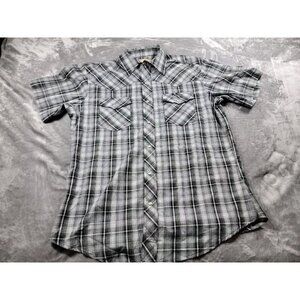 Wrangler Western Pearl Snap Large Short‎ Sleeve Shirt Gray Black Plaid Pockets